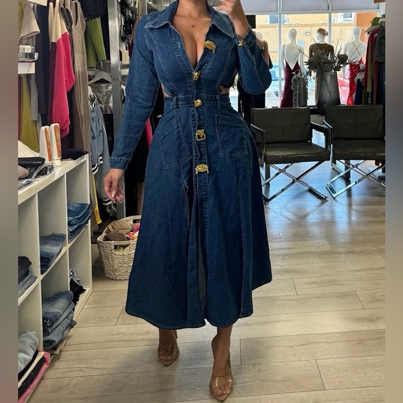 Dresses & Skirts - Denim Long Sleeve Dress with Gold Accents